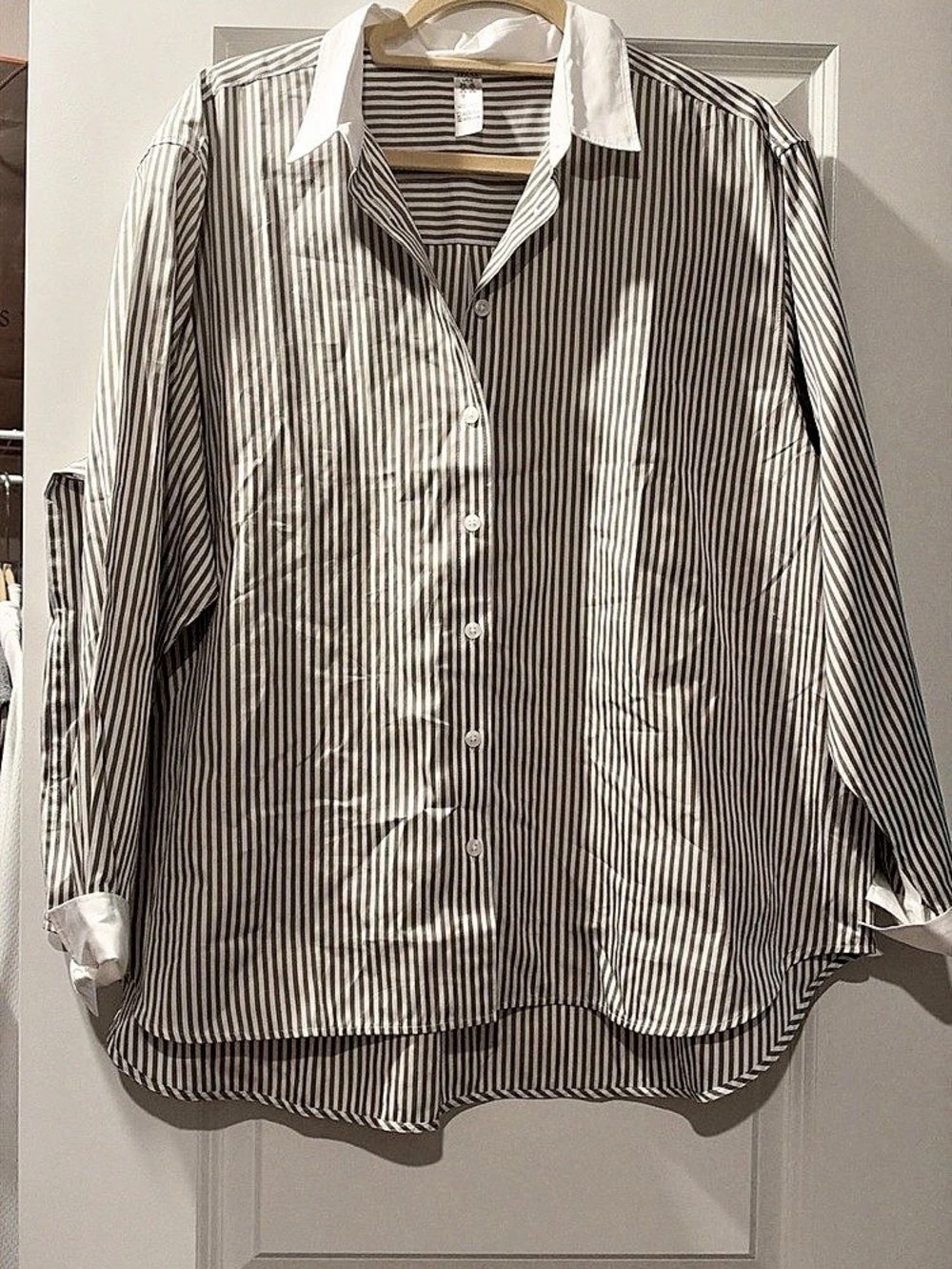 Spanx Striped Button Down Shirt in White & Tan